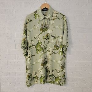 green vintage rayon silk dragon asian hawaiian shirt flora fauna bbq XL XXL